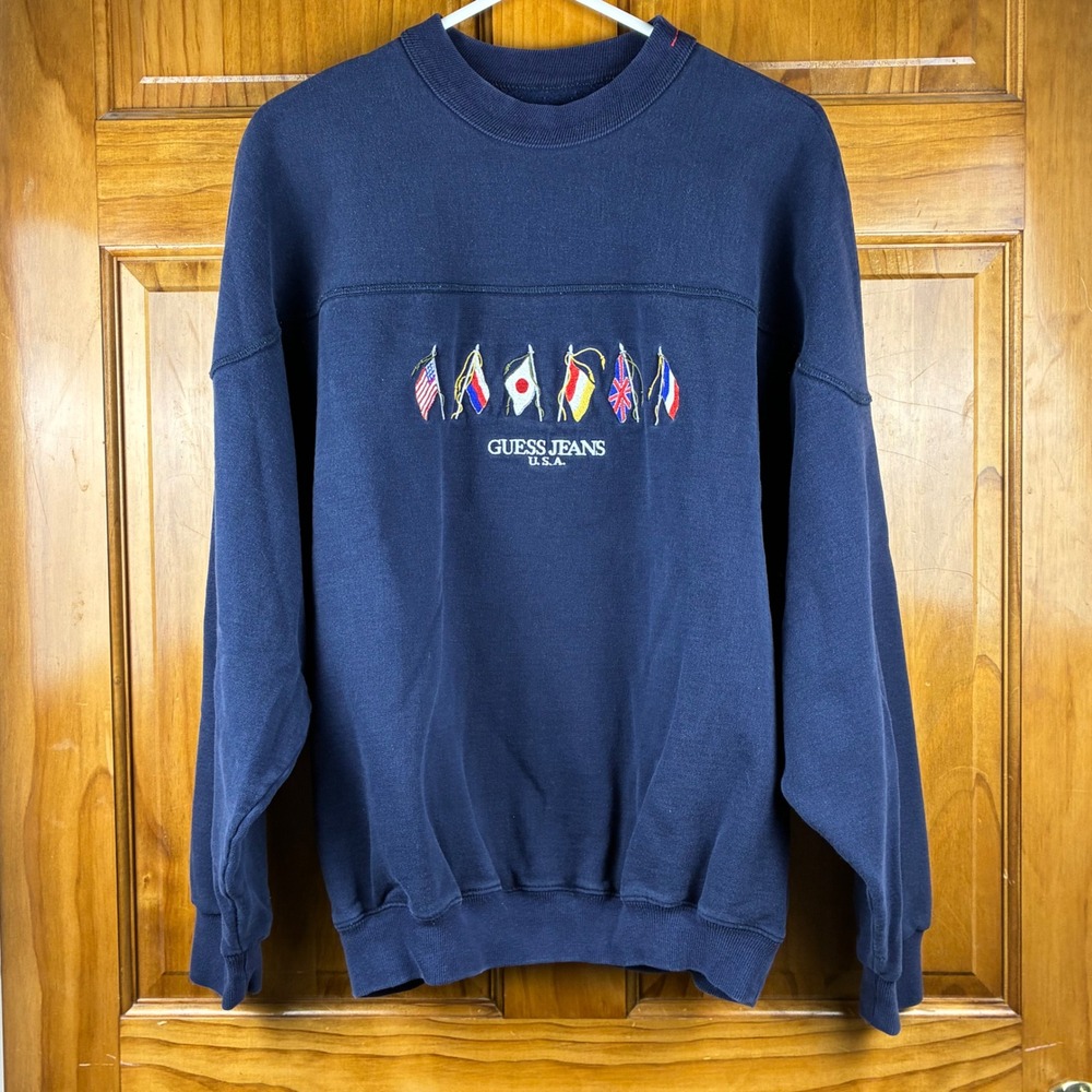Vintage Guess Jeans Flags Embroidered Sweatshirt L 90s Streetwear Y2K Heritage
